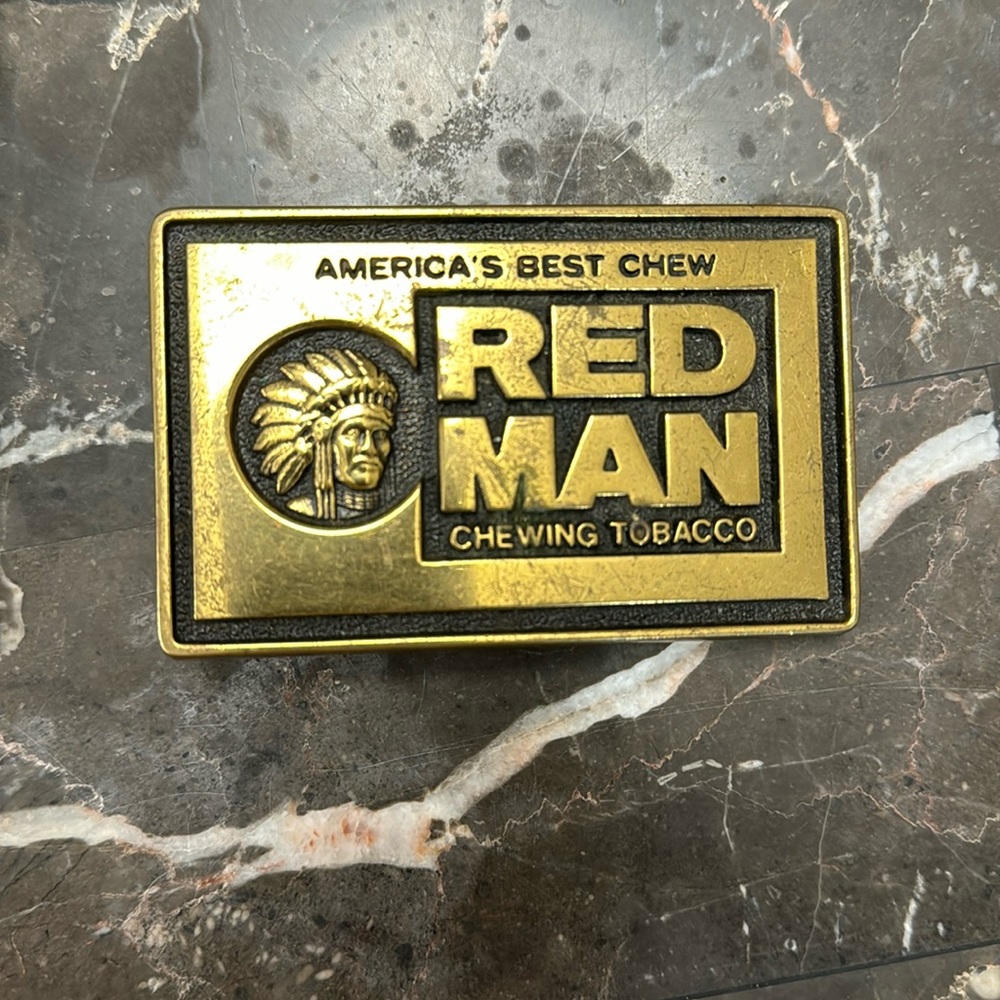 VINTAGE 1981Red Man Chewing  Tobacco Solid Brass Belt Buckle.